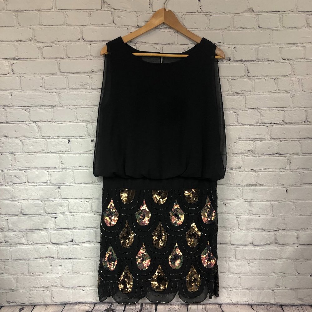 Betsy Adam- Size 12 Roaring 20's Blouson Dress.  Black with teardrop sequence